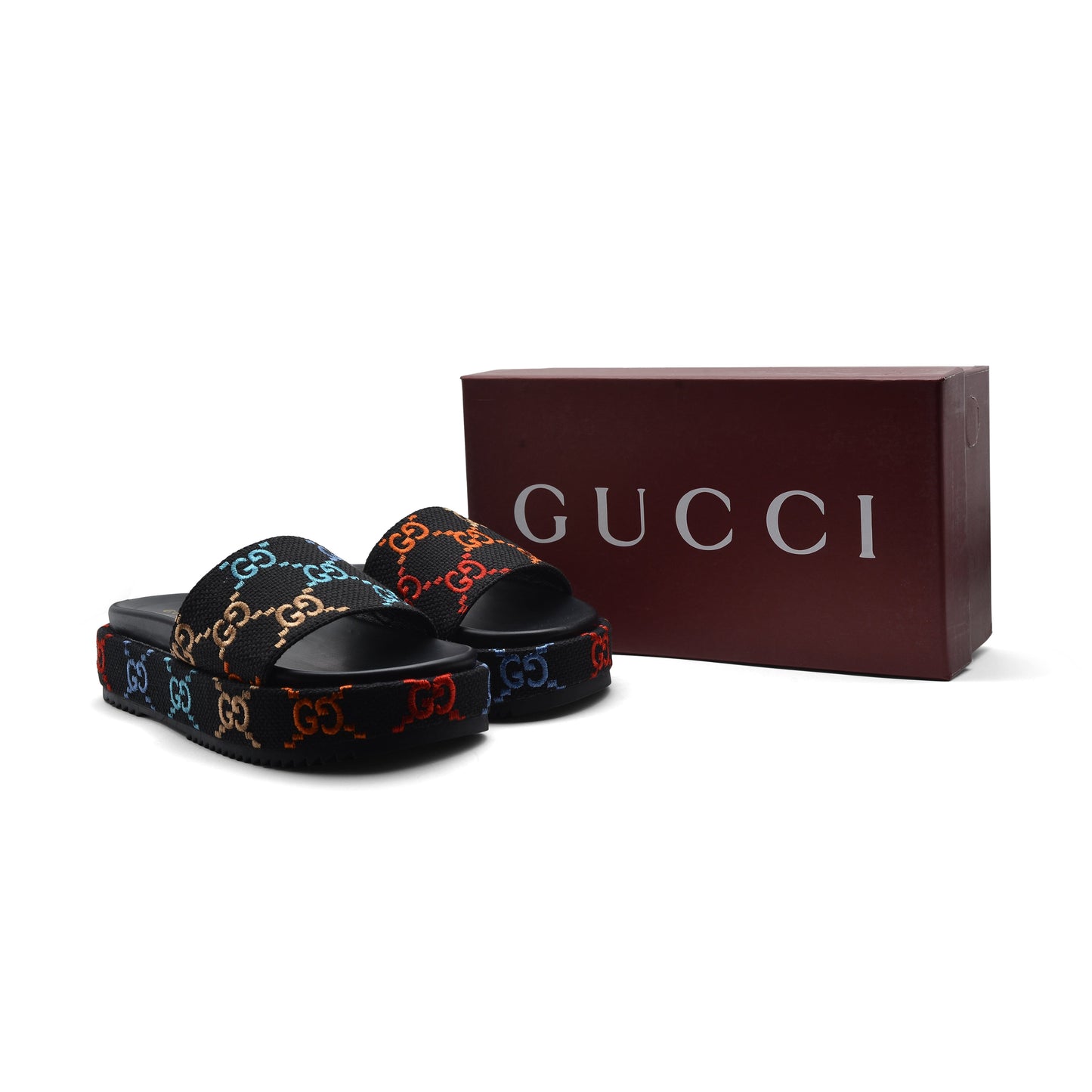 GUCCI Platform Multicolor logo print canvas slides Woman 2020-G5 Black