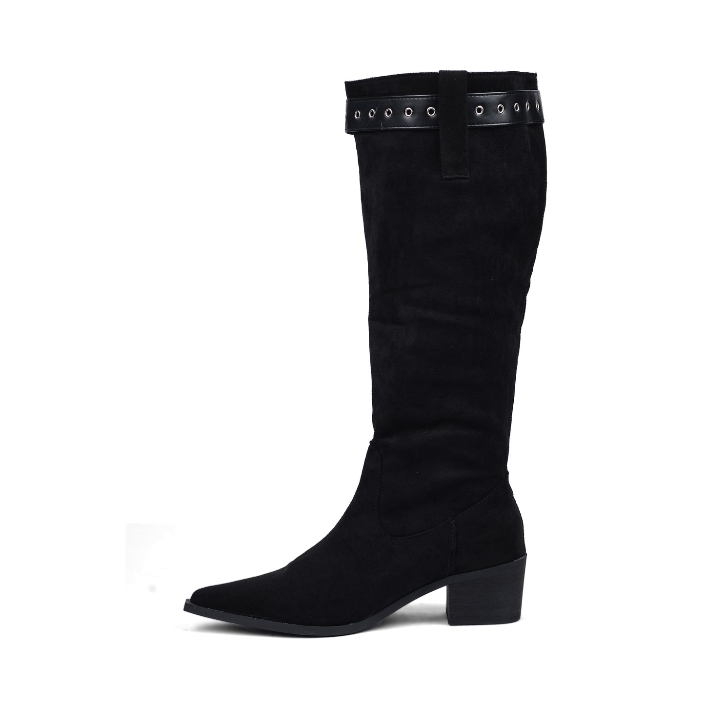High Quality knee high boots made of suede with a low heel easy to wear equipped with a buckle DA09 Black