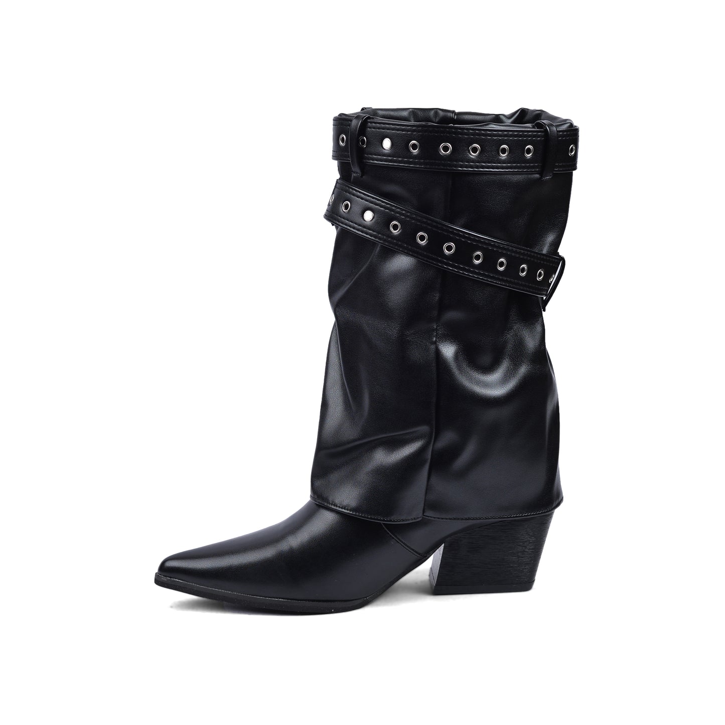Dial Belt Heel Half Boots High Quality with Buckle Detail Woman DA07 Black