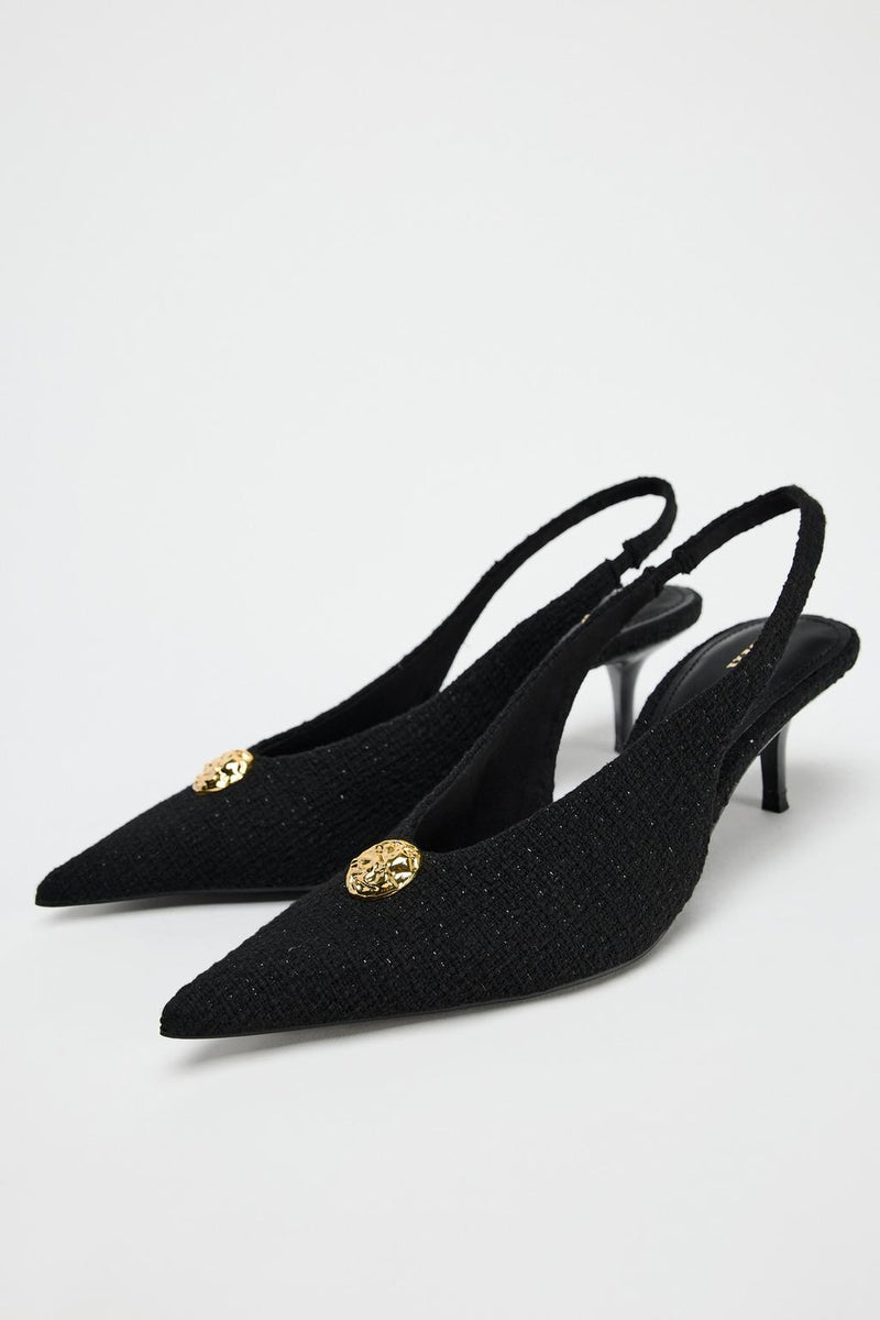 Zara Slingback Heels With Gold Medallion Woman 3044 Black - 4