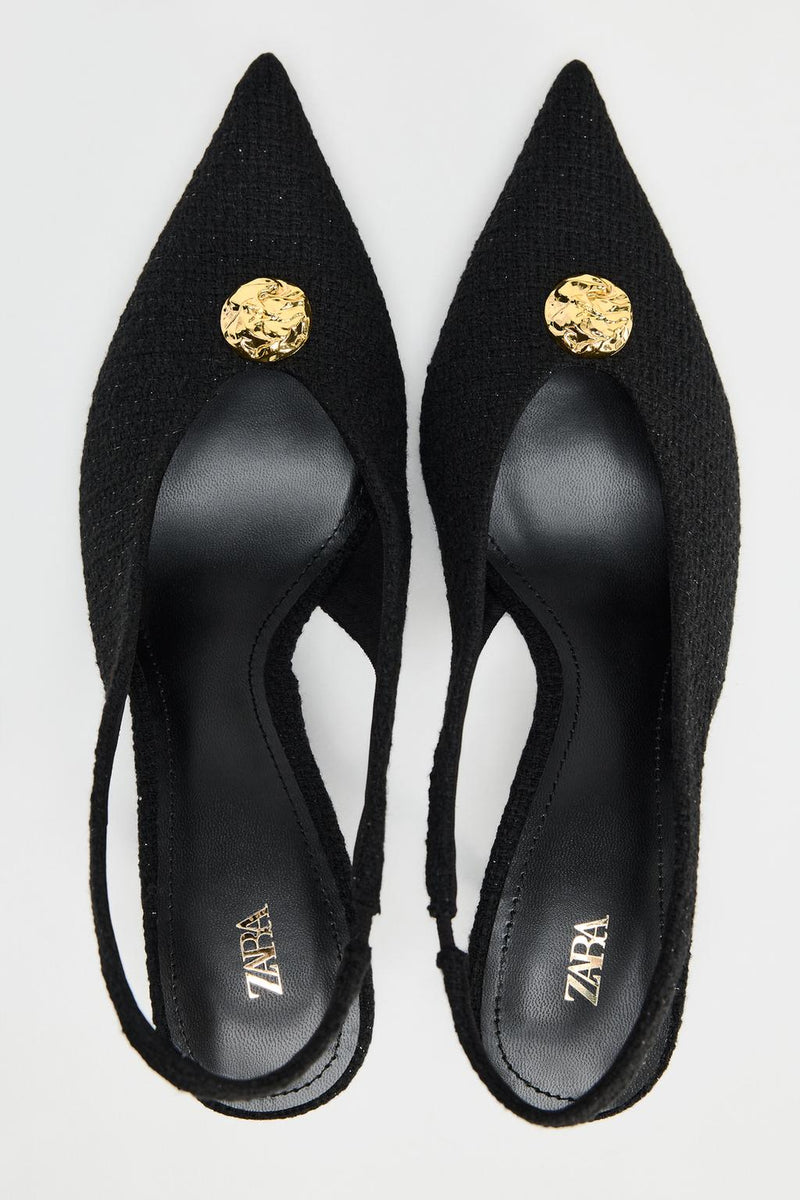 Zara Slingback Heels With Gold Medallion Woman 3044 Black - 5