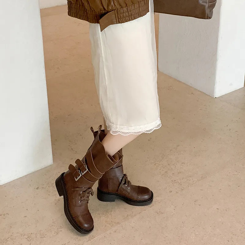 Half Boots High Quality with Buckle Detail belt Woman L101 Brown - 4