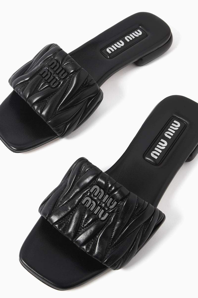 Miu Miu Leather Slides Sandals Summer Classic Leisure Flip Flops Slippers Women 3508 Black - 5