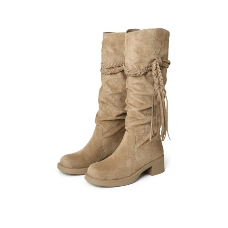 High Quality knee high boots made of suede with a low heel easy to wear equipped A818-2 Beige - 4