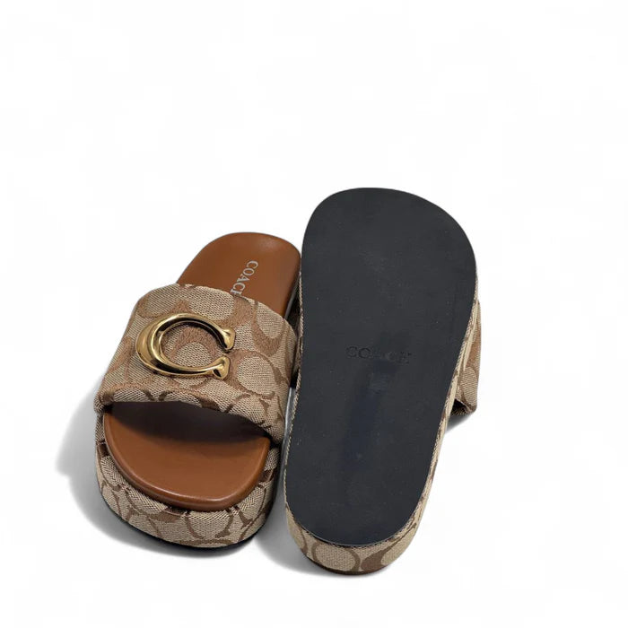 Coach Brand Thick Soled Slippers Logo Print Sandals Leather Women 8109 Brown - 6