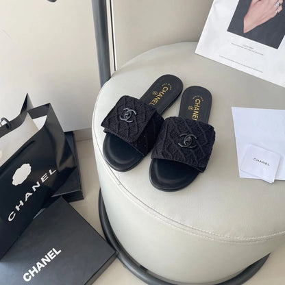 Chanel White Pearl CC Flat Slides Slipper Woman E6545 Black