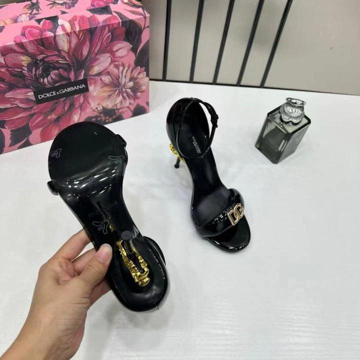 Dolce & Gabbana Sculpted Heel Baroque DG Patent Black Leather Sandal Heels Woman DG-19 Black - 5