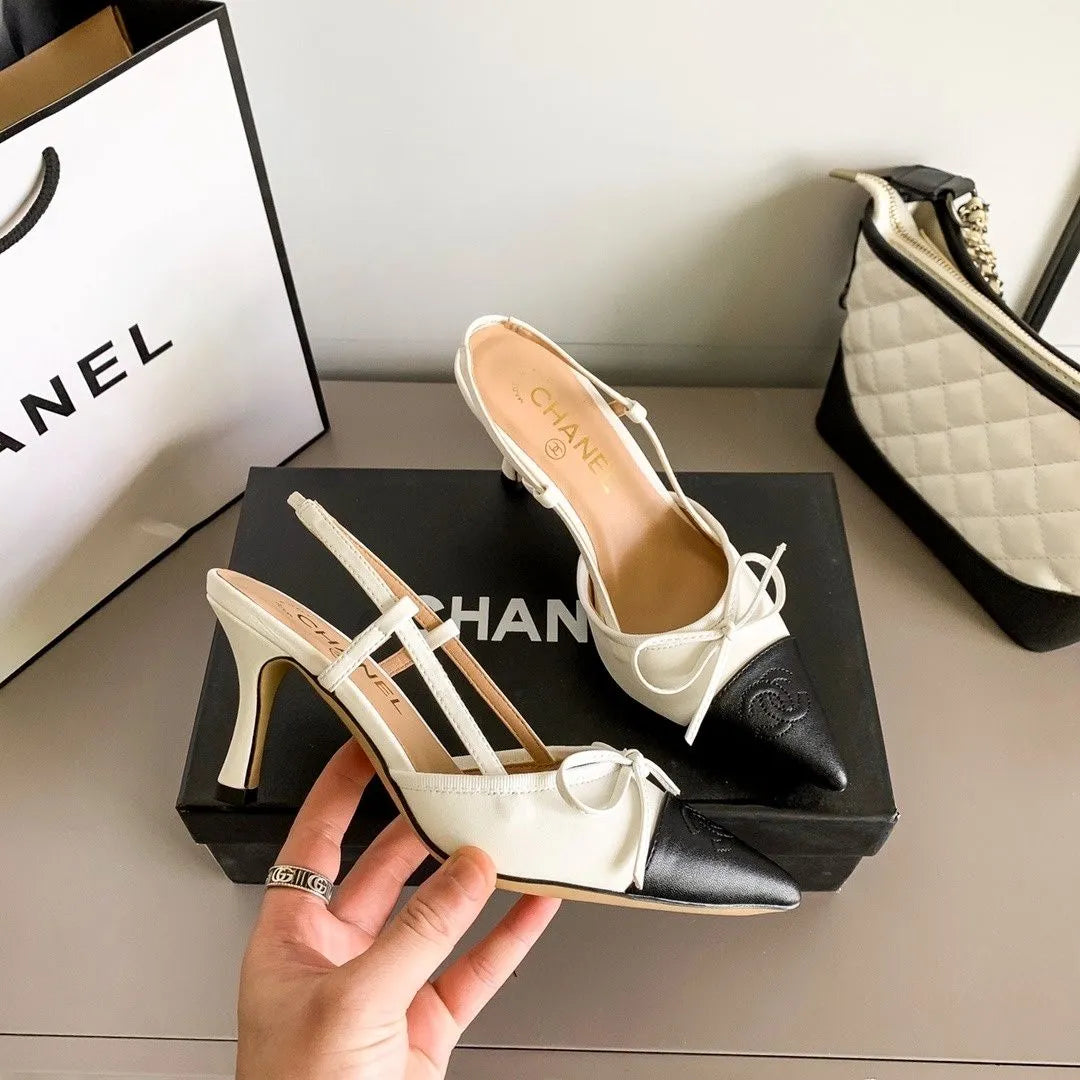 Chanel Luxury Leather Slides Designer High Heels Sandals Woman 7425 White - 5