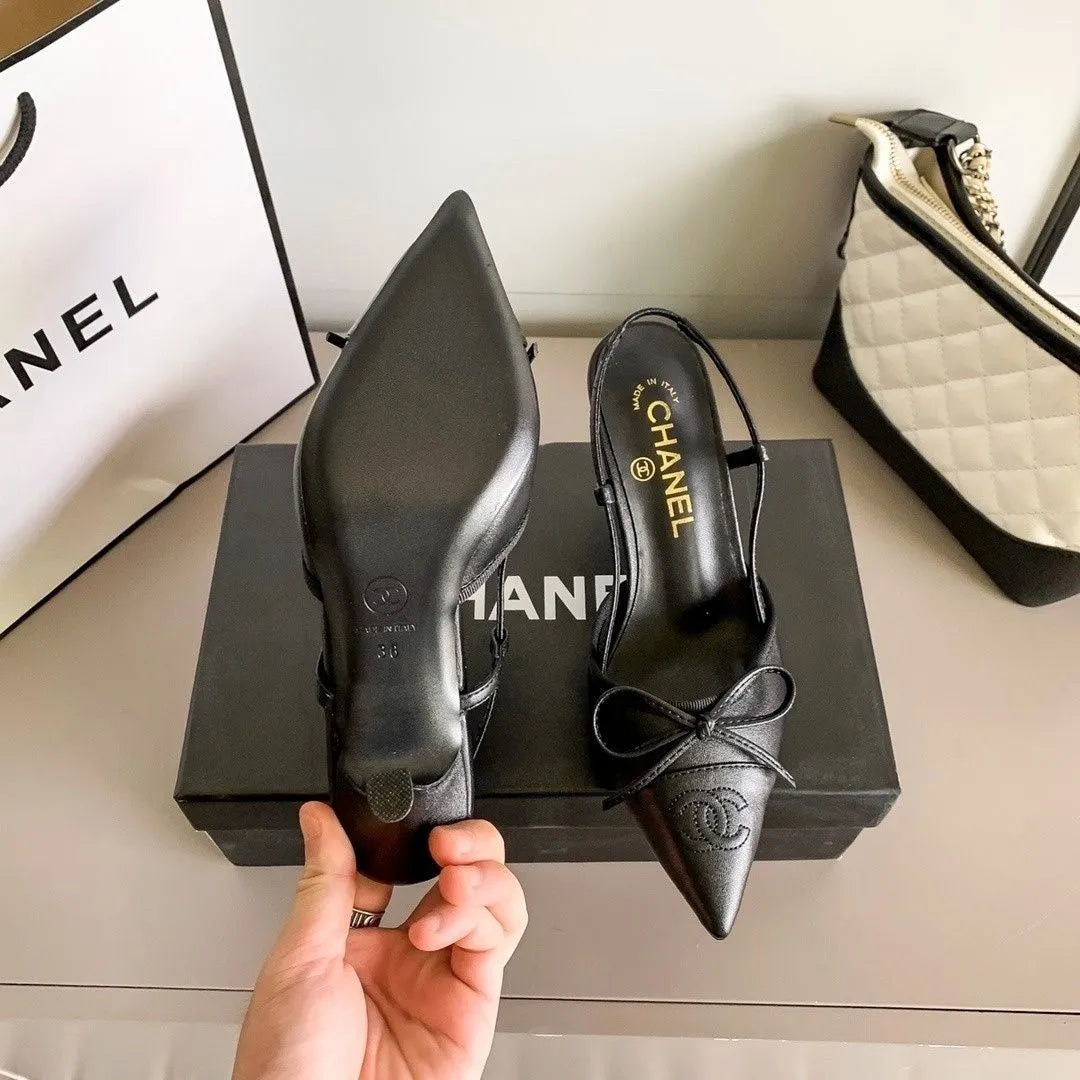 Chanel Luxury Leather Slides Designer High Heels Sandals Woman 7425 Black - 6