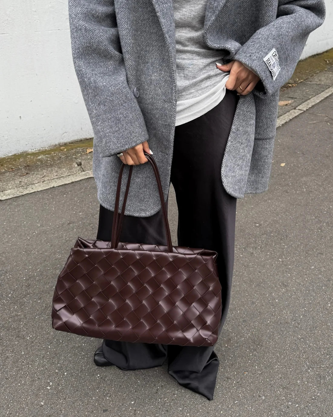 Weaved oil waxed calf leather handle shoulder tote Bag Mirror Length 23 cm - Width 42 cm Woman Y9113 Coffee - 5