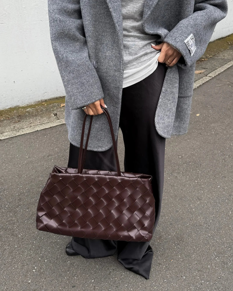 Weaved oil waxed calf leather handle shoulder tote Bag Mirror Length 23 cm - Width 42 cm Woman Y9113 Coffee - 5