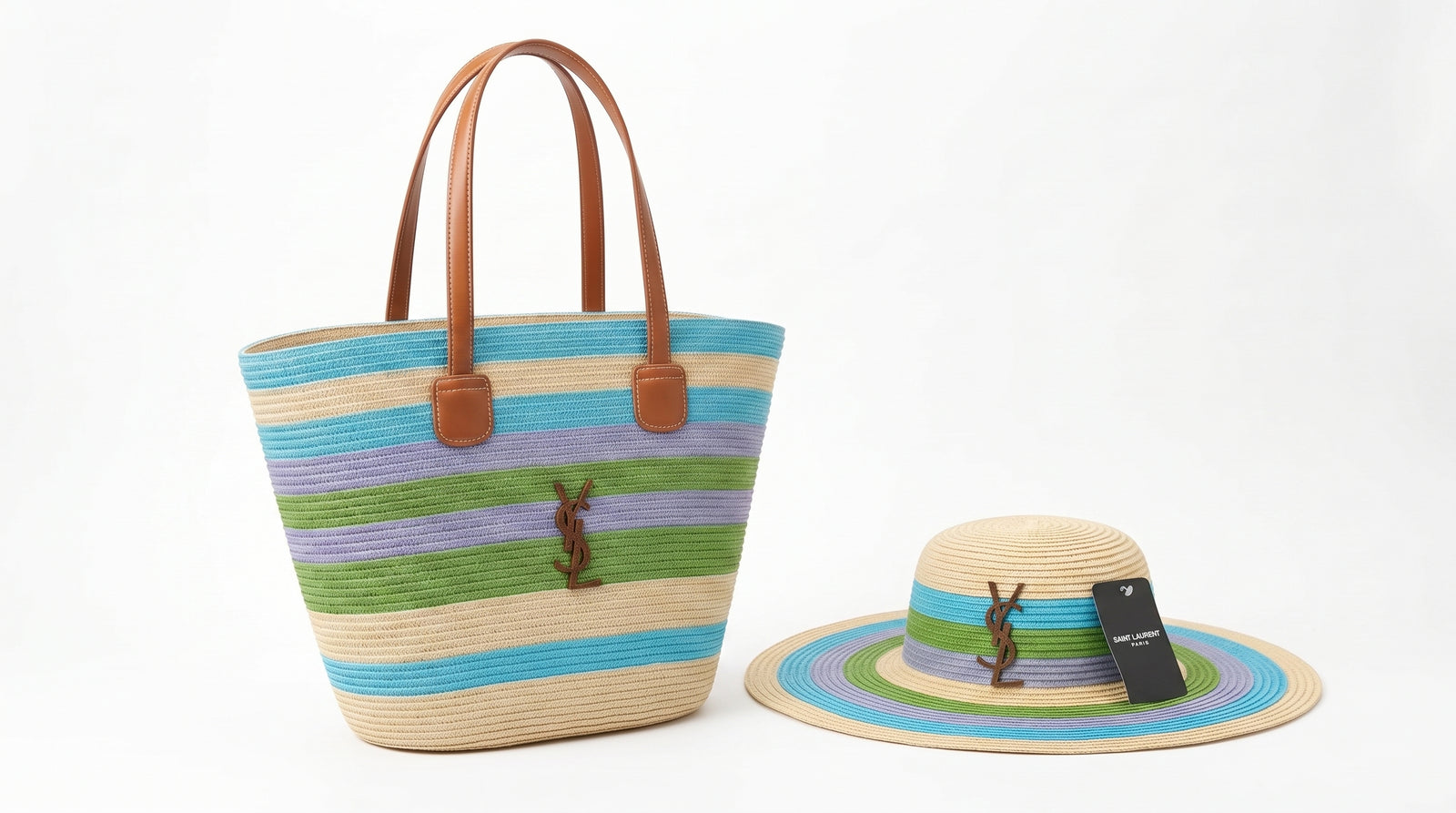 SAINT LAURENT Panier large leather-trimmed raffia tote Bag Woman YSL 209 Blue - 5