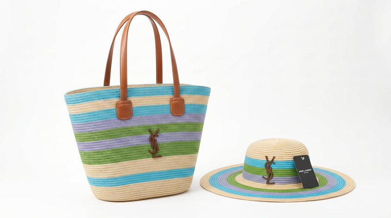 SAINT LAURENT Panier large leather-trimmed raffia tote Bag Woman YSL 209 Blue - 5