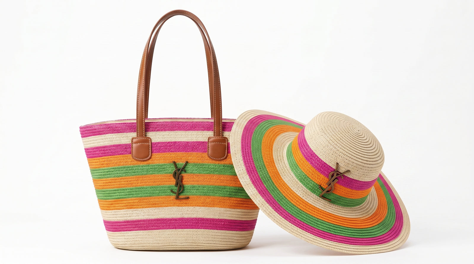 SAINT LAURENT Panier large leather-trimmed raffia tote Bag Woman YSL 209 Fuchsia - 5