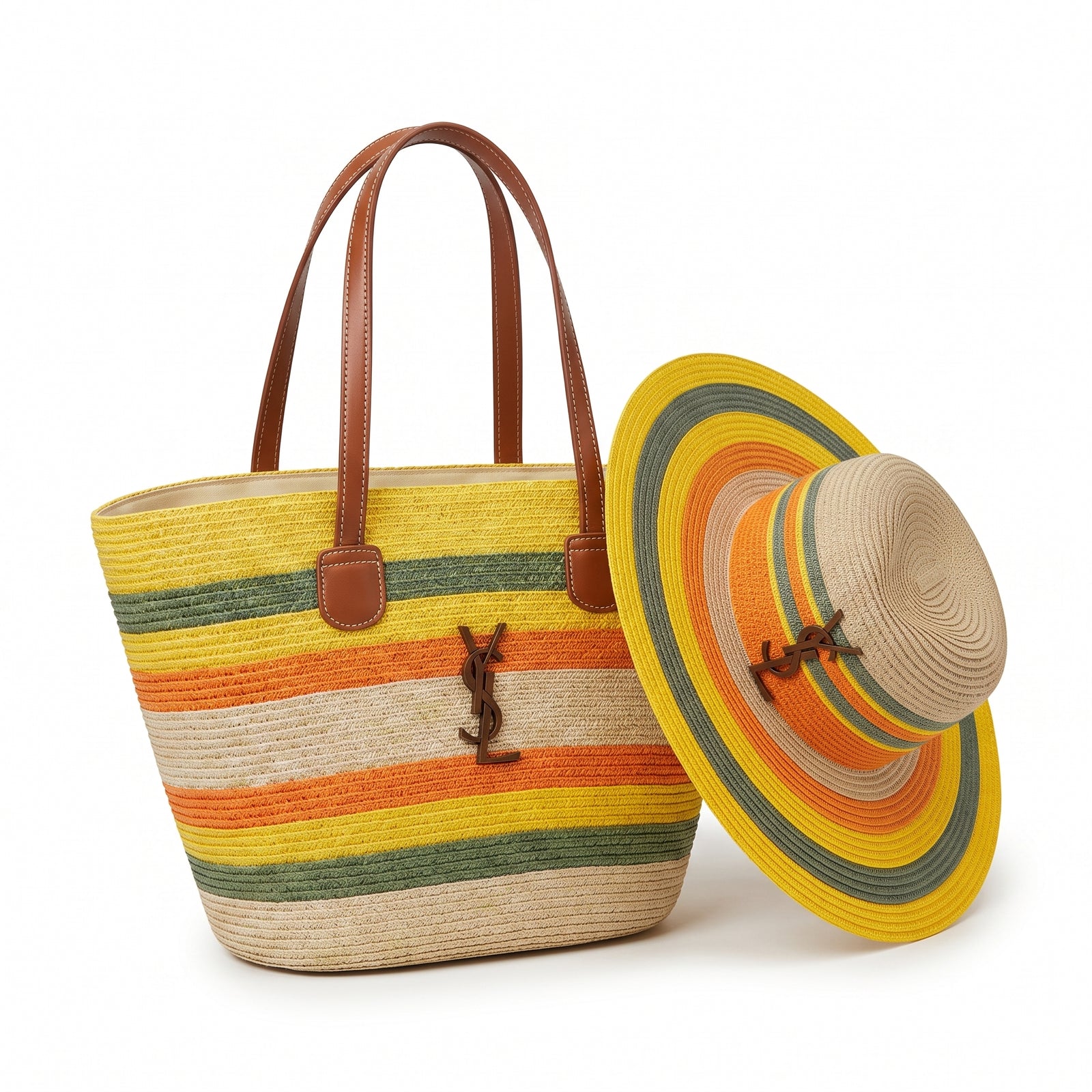 SAINT LAURENT Panier large leather-trimmed raffia tote Bag Woman YSL 209 Yellow - 5