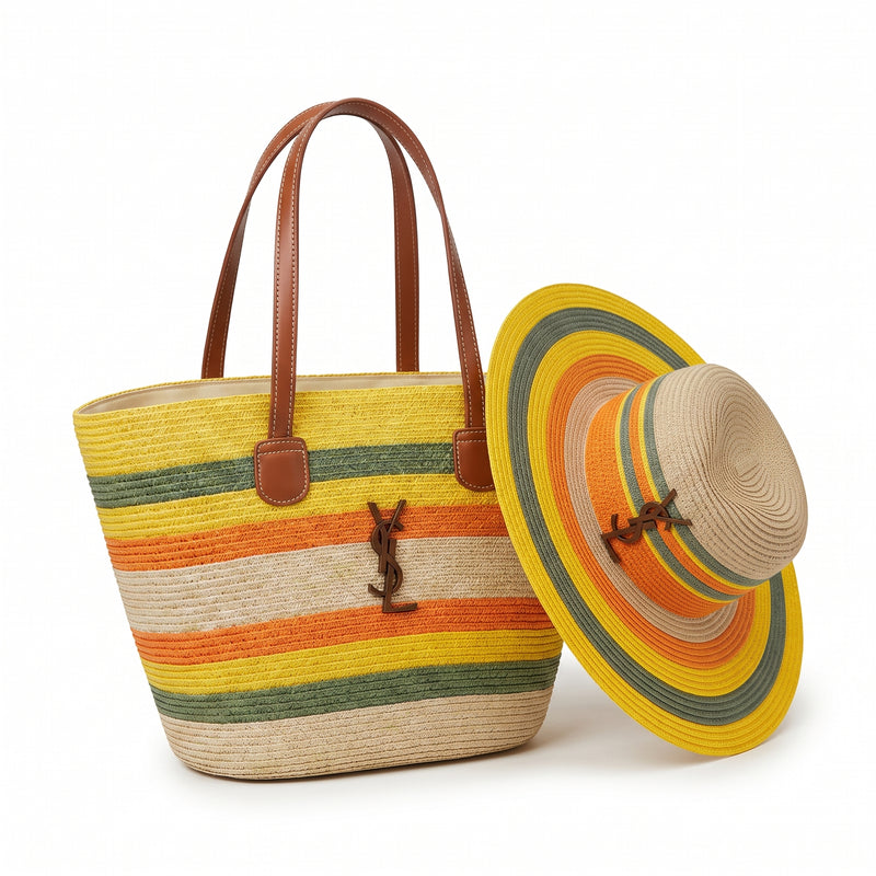 SAINT LAURENT Panier large leather-trimmed raffia tote Bag Woman YSL 209 Yellow - 5