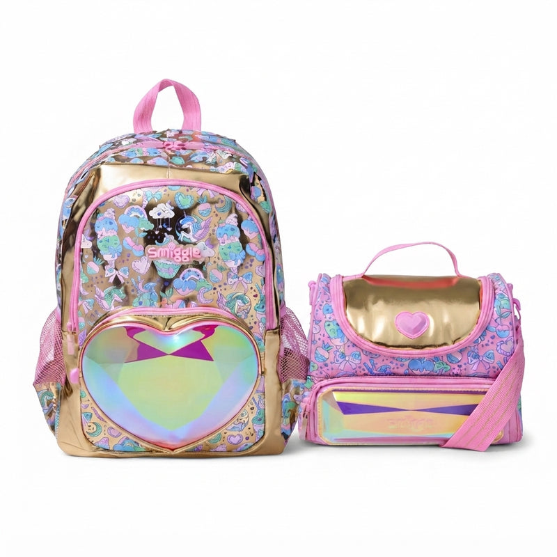 Smiggle Gold Radiant Classic Iridescent and Metallic Backpack with Lunch Bag School Kids 2979 Gold - 1