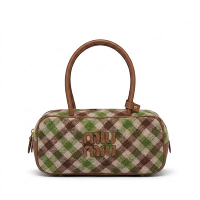 Miu Miu Beau Tartan Small Wool-Blend Top Handle Bag Length 12 cm - Width 27 cm Mirror Woman 2581 Brown
