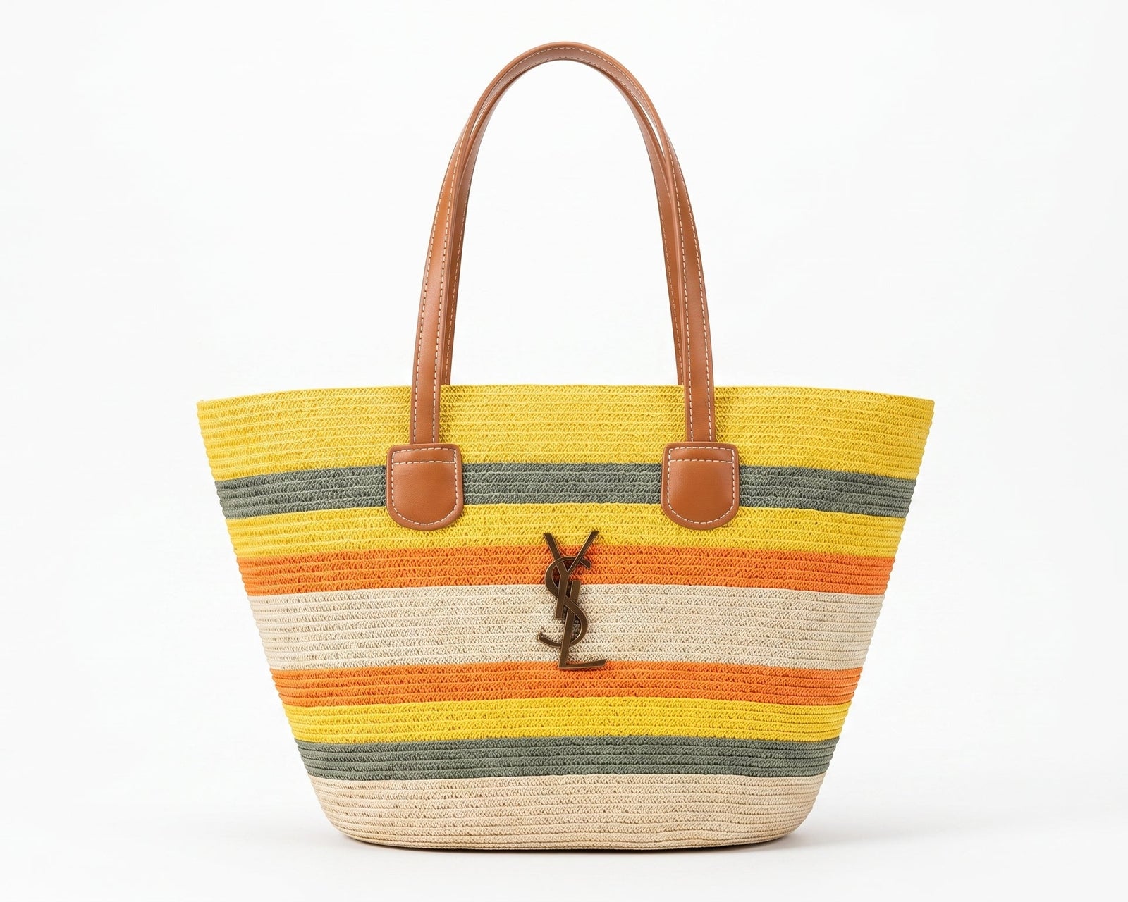 SAINT LAURENT Panier large leather-trimmed raffia tote Bag Woman YSL 209 Yellow - 1