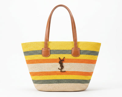 SAINT LAURENT Panier large leather-trimmed raffia tote Bag Woman YSL 209 Yellow