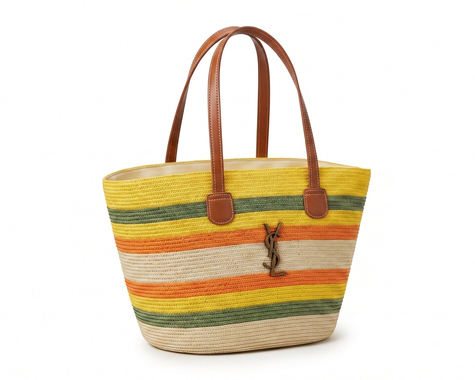 SAINT LAURENT Panier large leather-trimmed raffia tote Bag Woman YSL 209 Yellow - 2