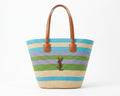 SAINT LAURENT Panier large leather-trimmed raffia tote Bag Woman YSL 209 Blue - 1