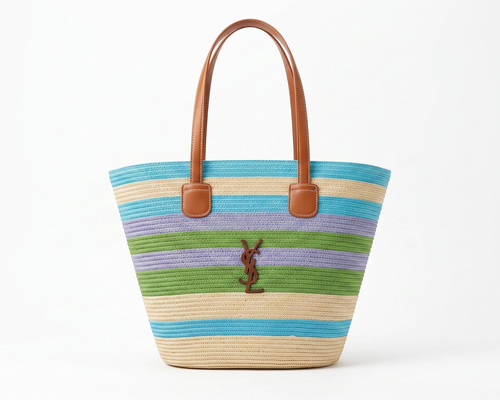 SAINT LAURENT Panier large leather-trimmed raffia tote Bag Woman YSL 209 Blue - 1