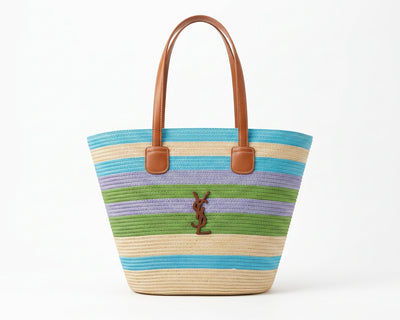 SAINT LAURENT Panier large leather-trimmed raffia tote Bag Woman YSL 209 Blue