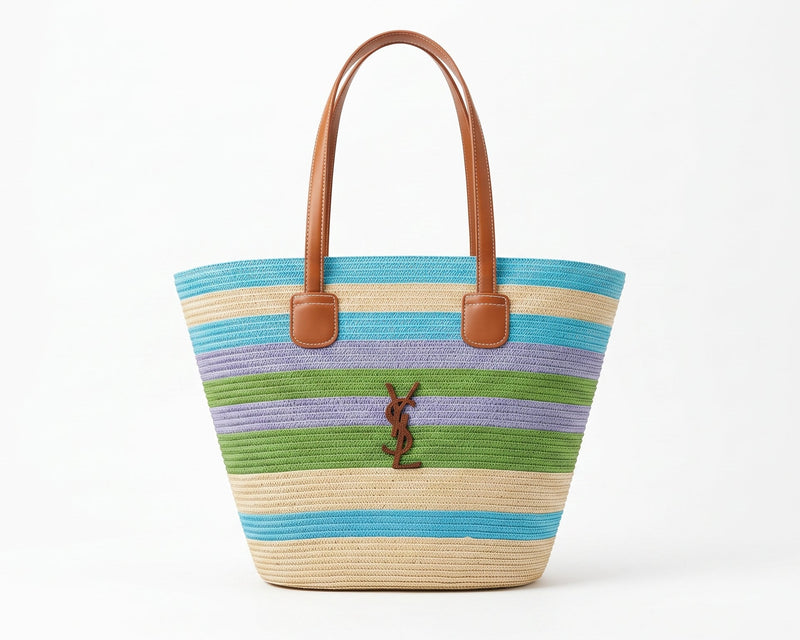 SAINT LAURENT Panier large leather-trimmed raffia tote Bag Woman YSL 209 Blue - 1