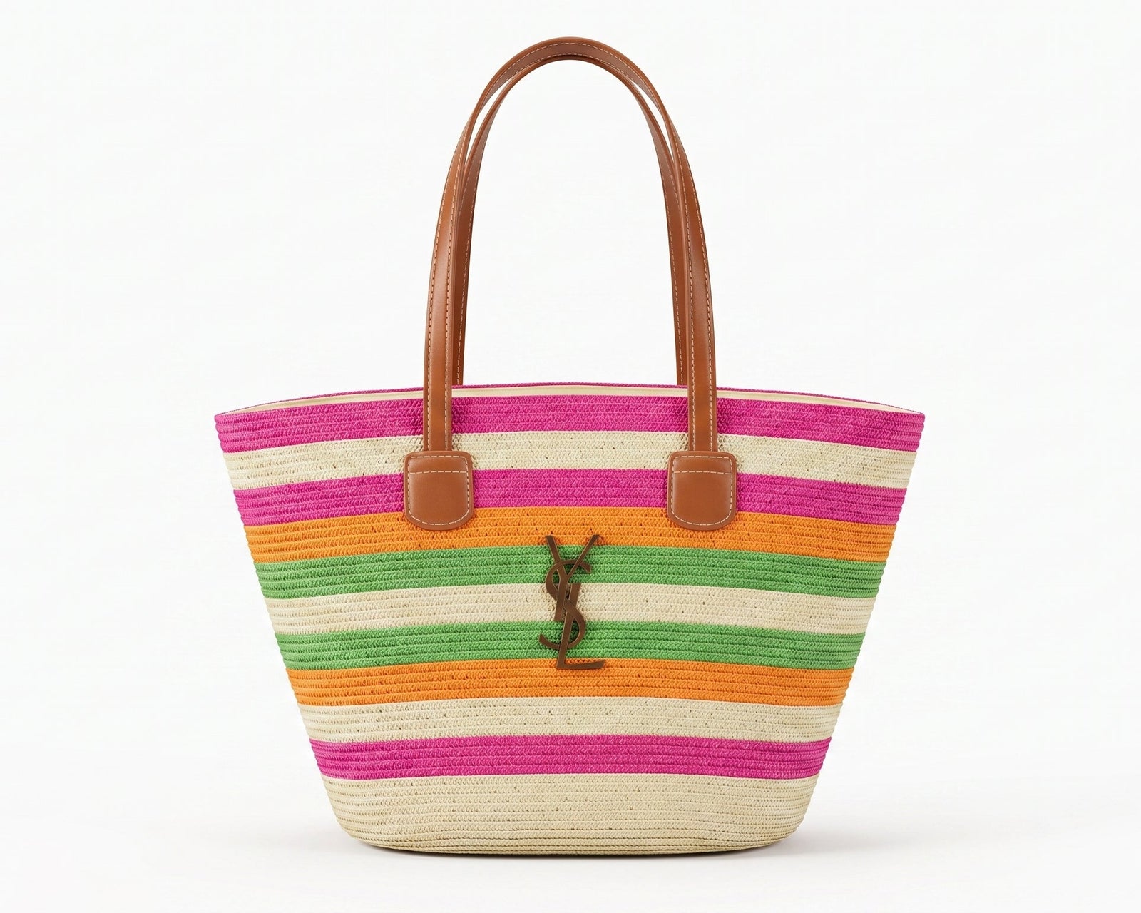 SAINT LAURENT Panier large leather-trimmed raffia tote Bag Woman YSL 209 Fuchsia - 1