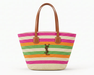 SAINT LAURENT Panier large leather-trimmed raffia tote Bag Woman YSL 209 Fuchsia
