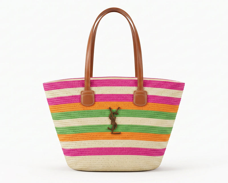 SAINT LAURENT Panier large leather-trimmed raffia tote Bag Woman YSL 209 Fuchsia - 1