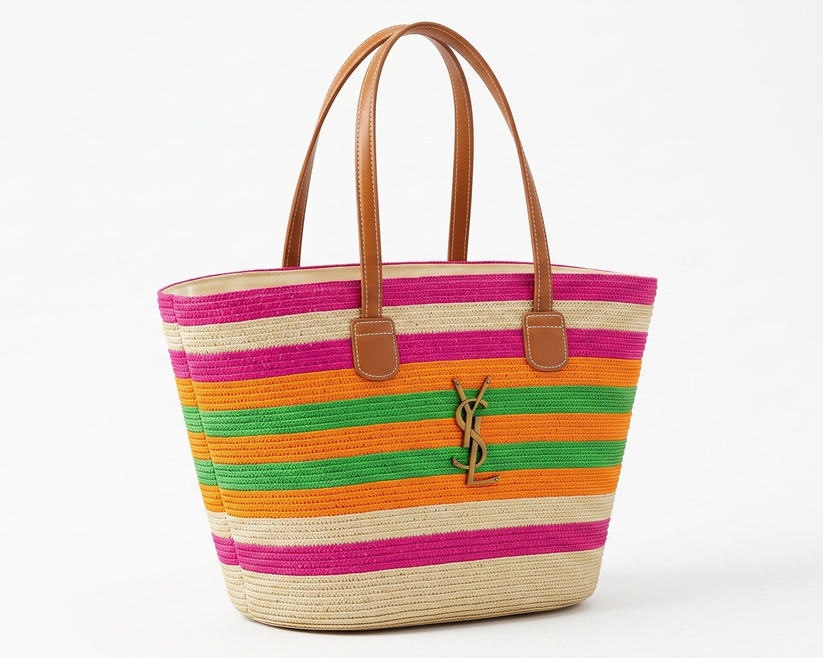 SAINT LAURENT Panier large leather-trimmed raffia tote Bag Woman YSL 209 Fuchsia - 2
