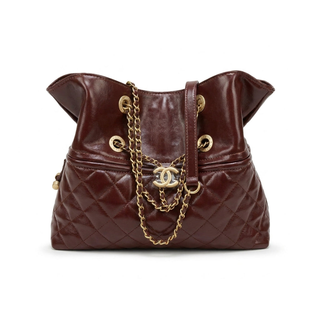 Chanel Quilted Leather Drawstring Shopping Tote Bag Mirror Woman Length 25 cm - Width 30 cm AS6111 Coffee - 1