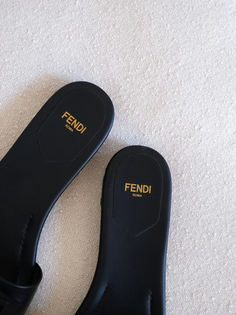 Fendi Baguette Cuoio Romano leather Signature Logo Slide Sandal Woman 1892-1 Black - 6