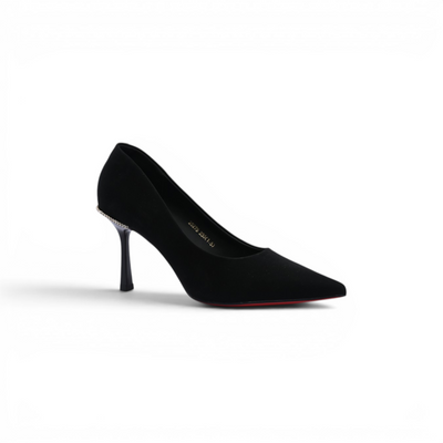 Faux Suede Pointed Stiletto Heel Shoes decorated With Crystals From Behind Woman 25275 Black