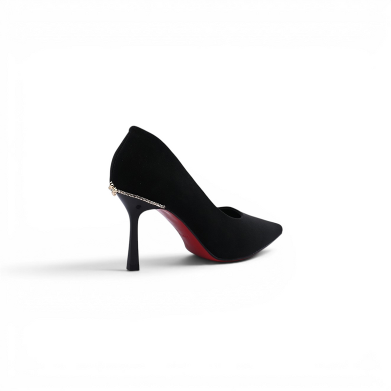 Faux Suede Pointed Stiletto Heel Shoes decorated With Crystals From Behind Woman 25275 Black - 2
