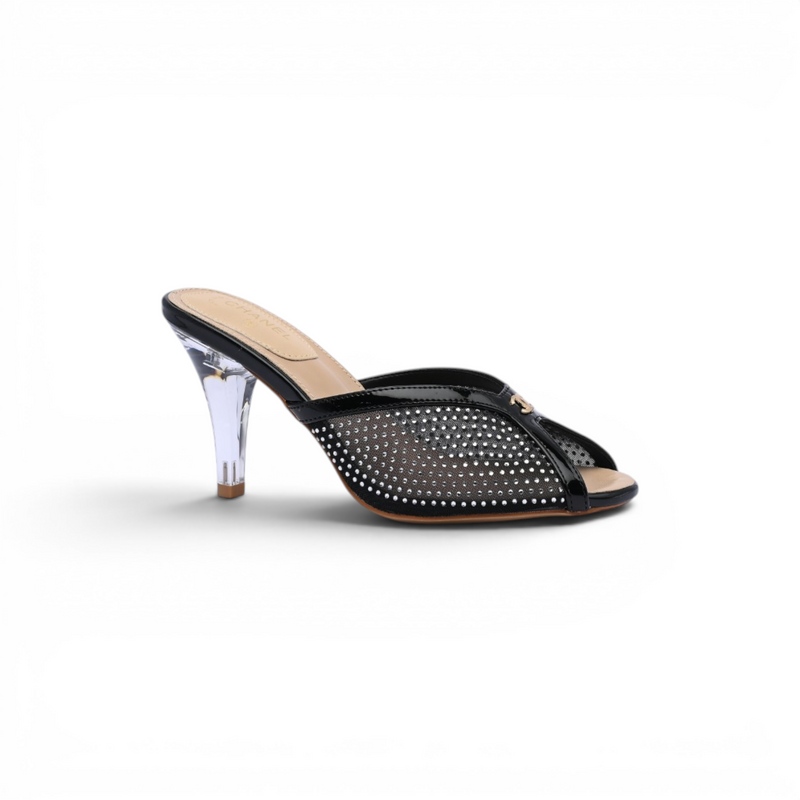 Chanel Crystal Embellished Open Toe Heels With Rhinestones And Clear 898-5 Black - 1