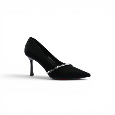 Pointed Stiletto Heel Shoes In Faux Suede Crystal embellished Pump Woman 25255 Black