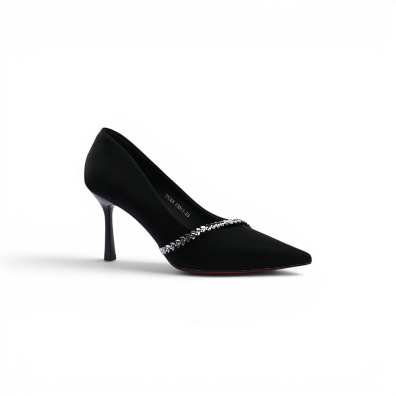 Pointed Stiletto Heel Shoes In Faux Suede Crystal embellished Pump Woman 25255 Black - 1