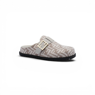 Fendi Fabric Jacquard Nappa FF Sabot Mules Feel Slippers Woman 985-2 Beige