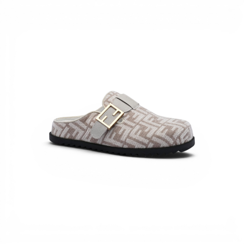 Fendi Fabric Jacquard Nappa FF Sabot Mules Feel Slippers Woman 985-2 Beige - 1