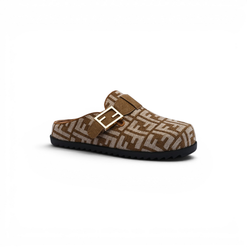 Fendi Fabric Jacquard Nappa FF Sabot Mules Feel Slippers Woman 985-2 Khaki - 1