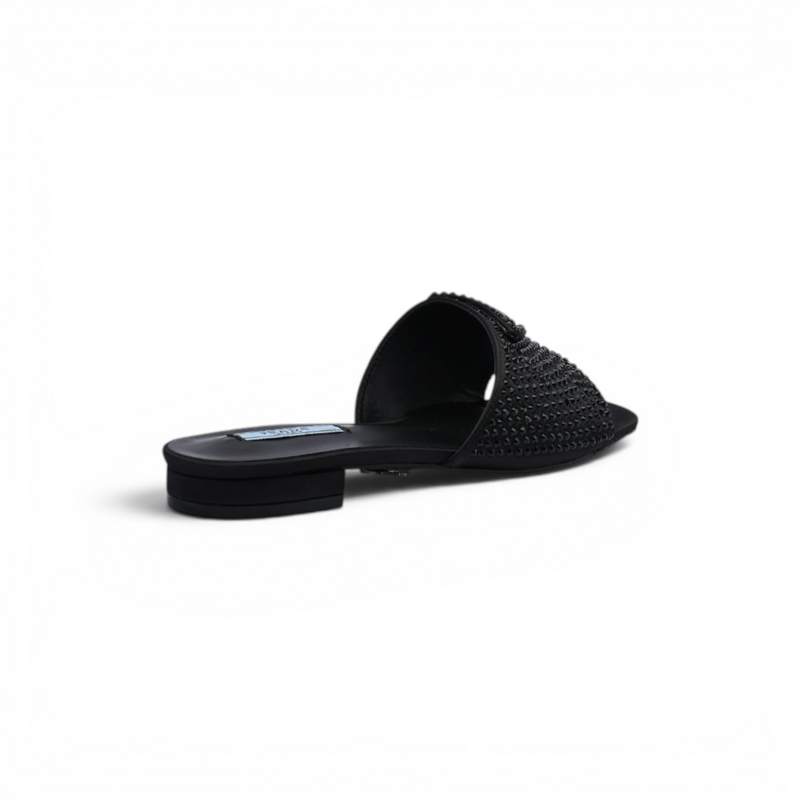 Prada Satin Crystal Logo Slide Embellished Sandals Woman 5566 Black - 2