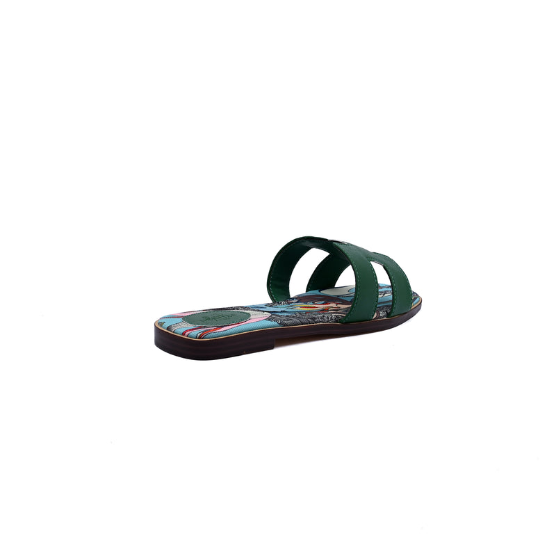 Hermes Leather Oran Flat Slide Sandals Woman H38-30 Green - 2