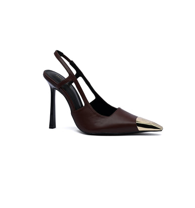 Saint Laurent Gold Tipped Slingback Pumps Leather Opyum With distinctive heels Woman 227-8 Brown
