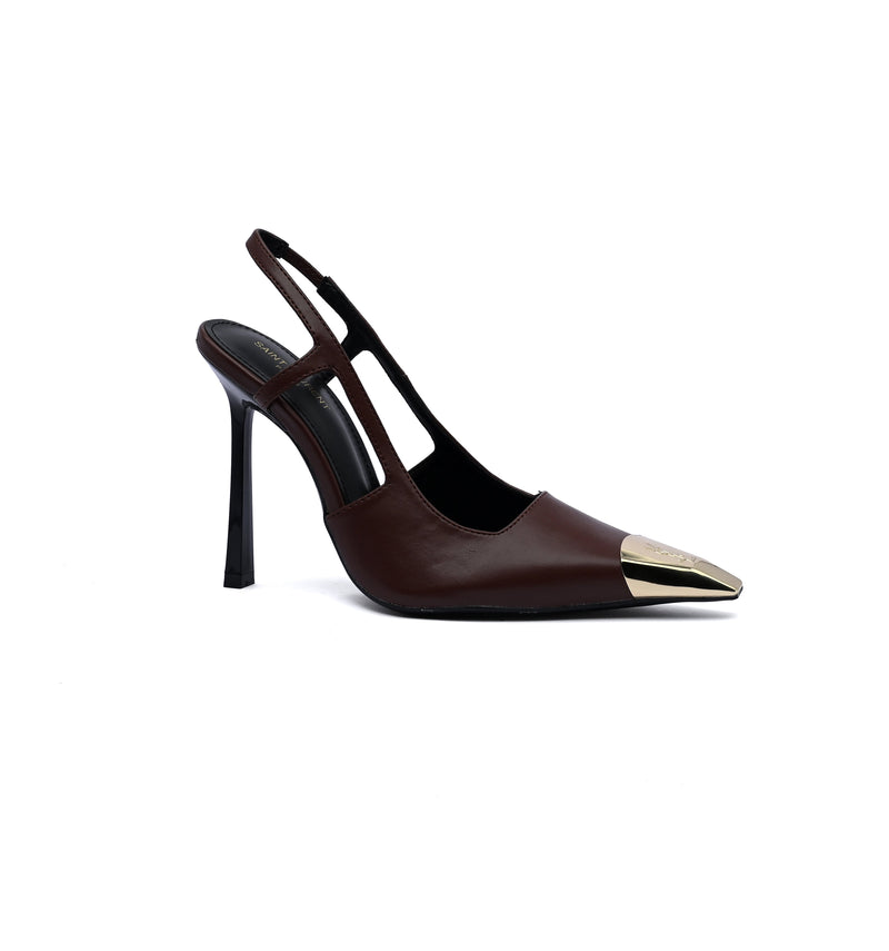 Saint Laurent Gold Tipped Slingback Pumps Leather Opyum With distinctive heels Woman 227-8 Brown - 1