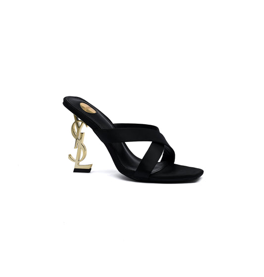 Saint Laurent Opyum Satin Mules With distinctive heels Woman 1259 Black