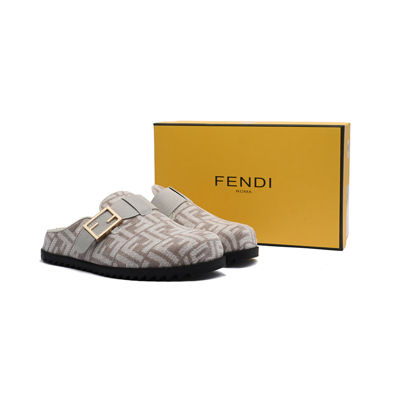 Fendi Fabric Jacquard Nappa FF Sabot Mules Feel Slippers Woman 985-2 Beige - 4
