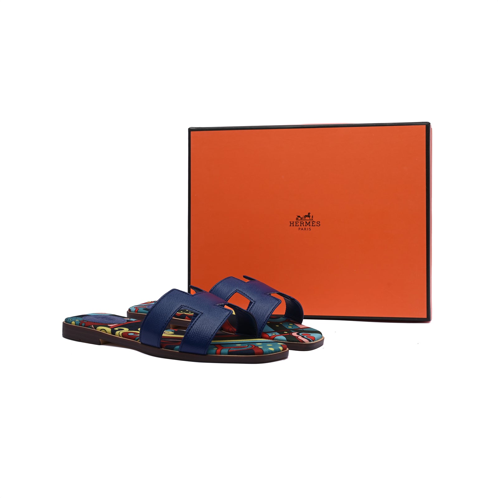 Hermes Leather Oran Flat Slide Sandals Woman H38-30 Blue - 4